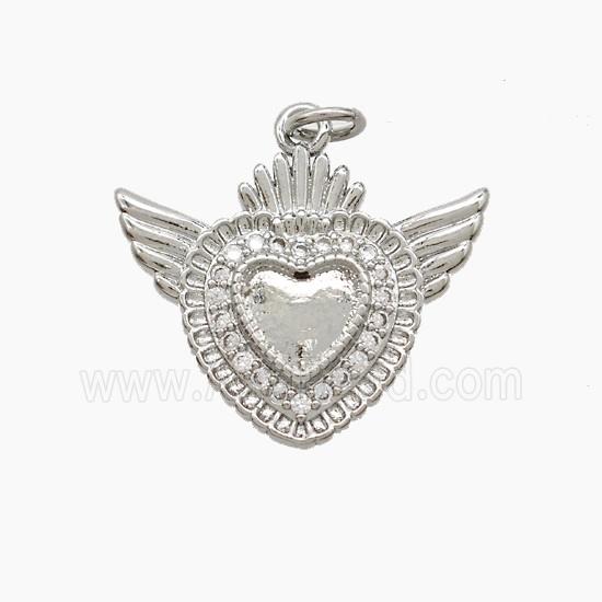 Copper Heart Angel Wings Pave Zirconia Platinum Plated