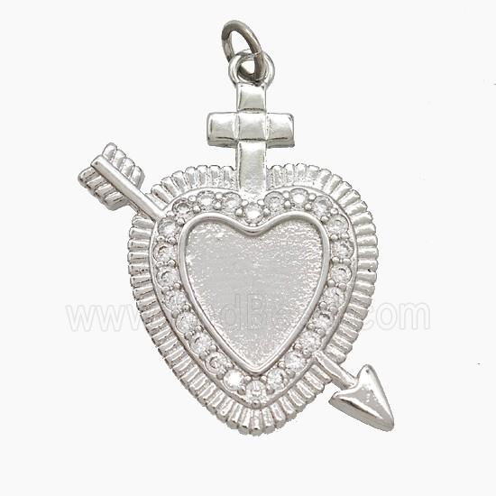 Copper Cupid Arrow Heart Pendant Pave Zirconia Platinum Plated