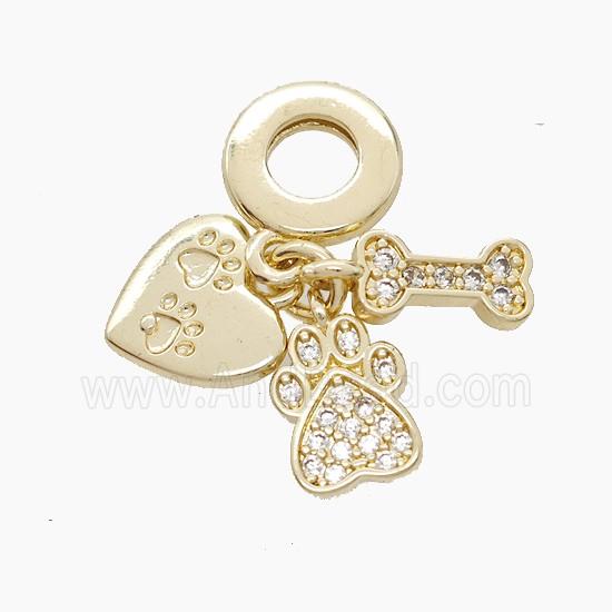 Copper Heart And Dogbone Paws Pendant Pave Zirconia Gold Plated