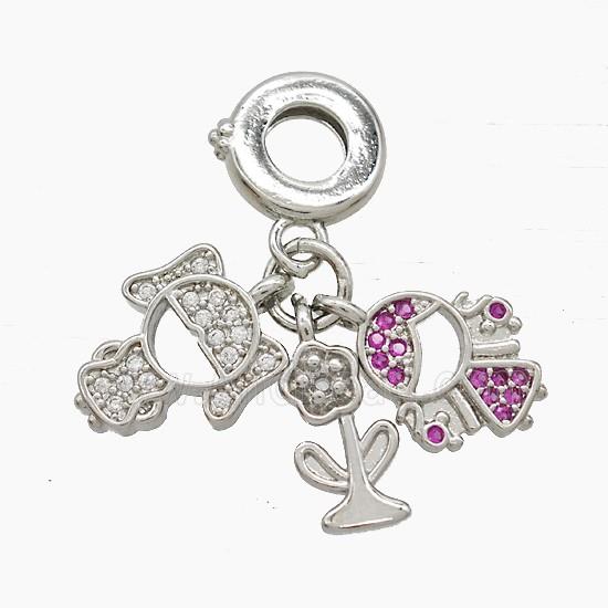 Copper Kids And Flower Pendant Pave Zirconia Platinum Plated