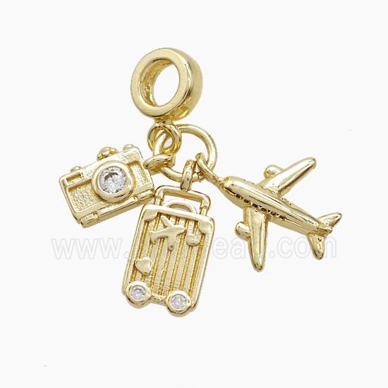 Copper Airplane And Suitcase Camera Pendant Pave Zirconia Gold Plated