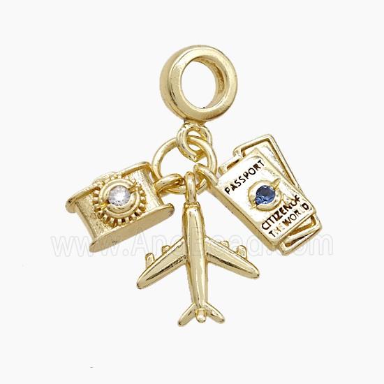 Copper Airplane And Passpord Camera Pendant Pave Zirconia Gold Plated
