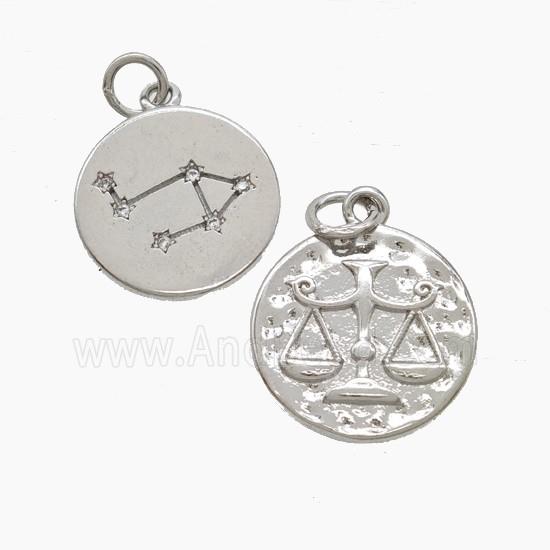 Zodiac Libra Copper Pendant Pave Zirconia Hammered Platinum Plated