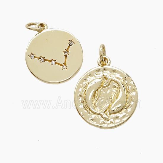 Zodiac Pisces Copper Pendant Pave Zirconia Hammered Gold Plated