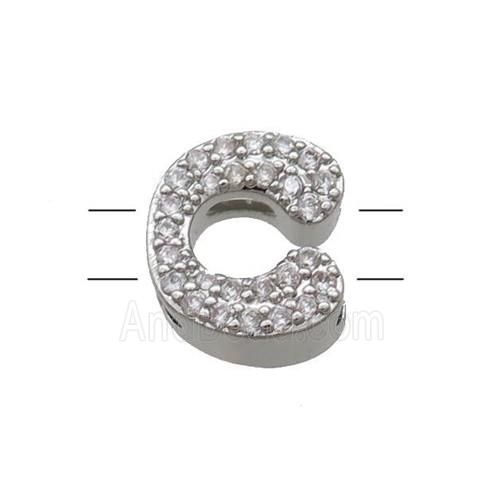 Copper Letter-C Beads Pave Zirconia 2holes Platinum Plated