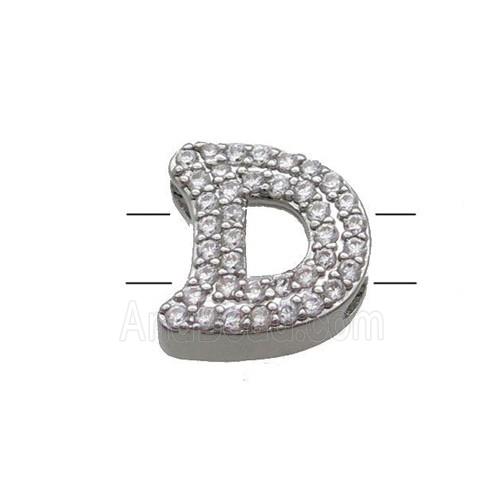 Copper Letter-D Beads Pave Zirconia 2holes Platinum Plated