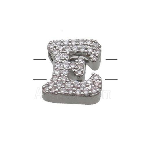 Copper Letter-E Beads Pave Zirconia 2holes Platinum Plated
