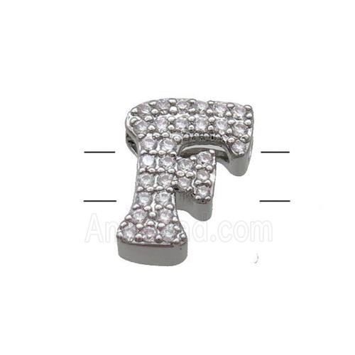 Copper Letter-F Beads Pave Zirconia 2holes Platinum Plated