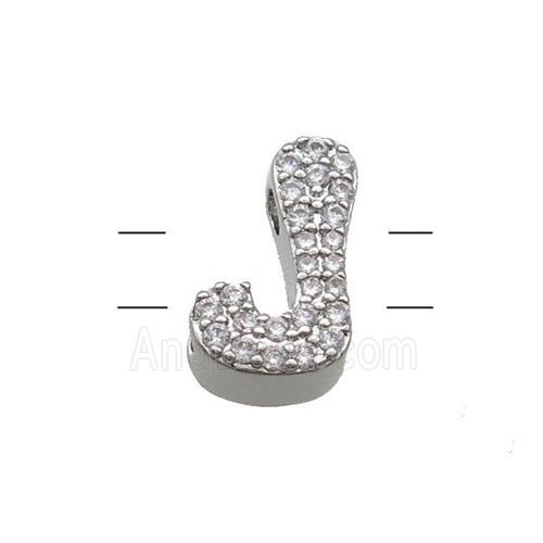 Copper Letter-J Beads Pave Zirconia 2holes Platinum Plated