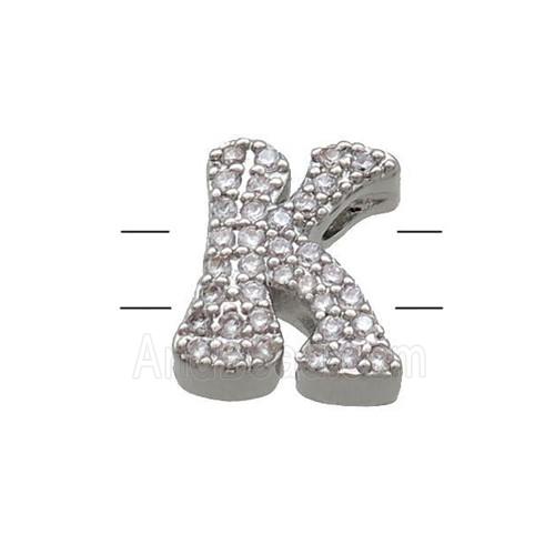 Copper Letter-K Beads Pave Zirconia 2holes Platinum Plated