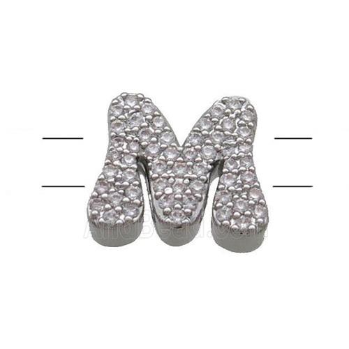 Copper Letter-M Beads Pave Zirconia 2holes Platinum Plated