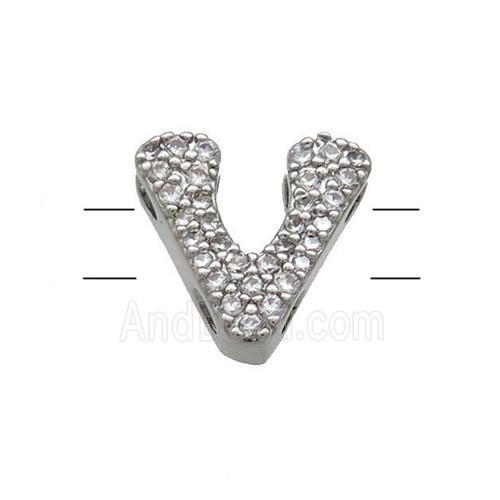 Copper Letter-V Beads Pave Zirconia 2holes Platinum Plated