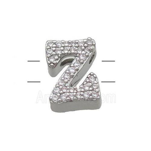 Copper Letter-Z Beads Pave Zirconia 2holes Platinum Plated