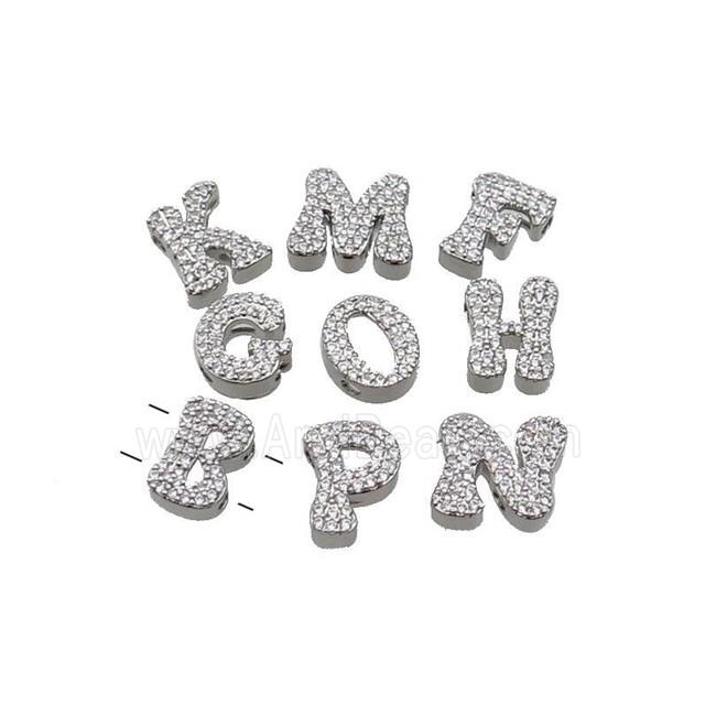 Copper Alphabet Beads Pave Zirconia 2holes Platinum Plated Mixed Letters