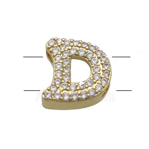 Copper Letter-D Beads Pave Zirconia 2holes Gold Plated