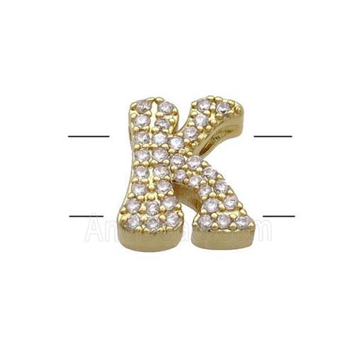 Copper Letter-K Beads Pave Zirconia 2holes Gold Plated