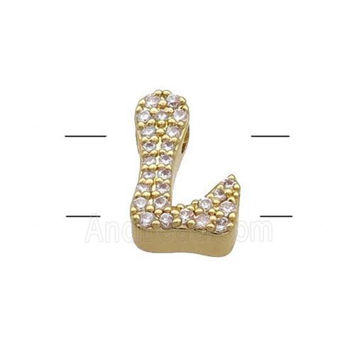 Copper Letter-L Beads Pave Zirconia 2holes Gold Plated