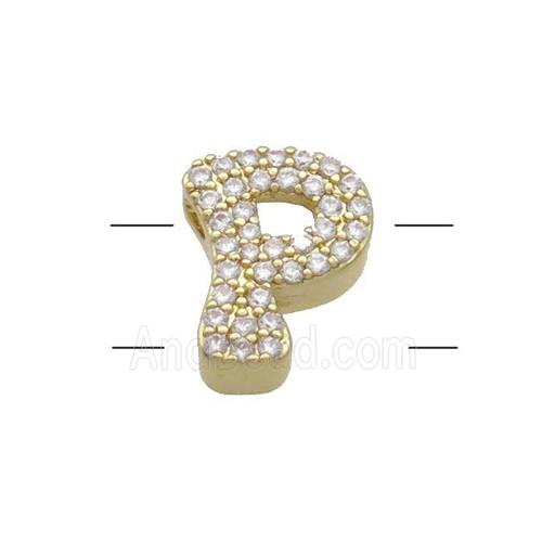 Copper Letter-P Beads Pave Zirconia 2holes Gold Plated