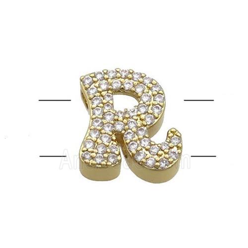 Copper Letter-R Beads Pave Zirconia 2holes Gold Plated