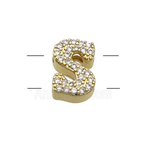 Copper Letter-S Beads Pave Zirconia 2holes Gold Plated