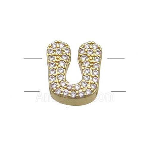 Copper Letter-U Beads Pave Zirconia 2holes Gold Plated