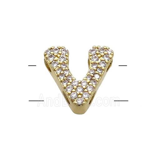 Copper Letter-V Beads Pave Zirconia 2holes Gold Plated