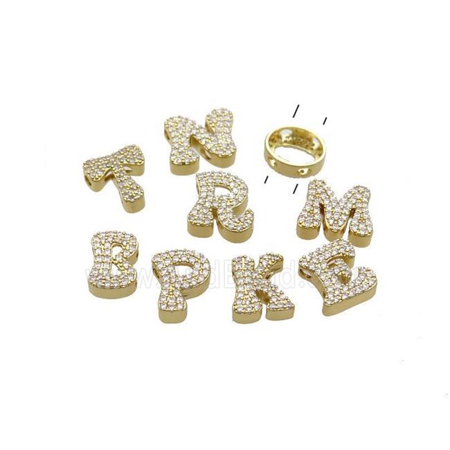 Copper Letter Beads Pave Zirconia 2holes Gold Plated Mix Alphabets
