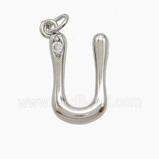 Copper Letter-U Pendant Pave Zirconia Platinum Plated