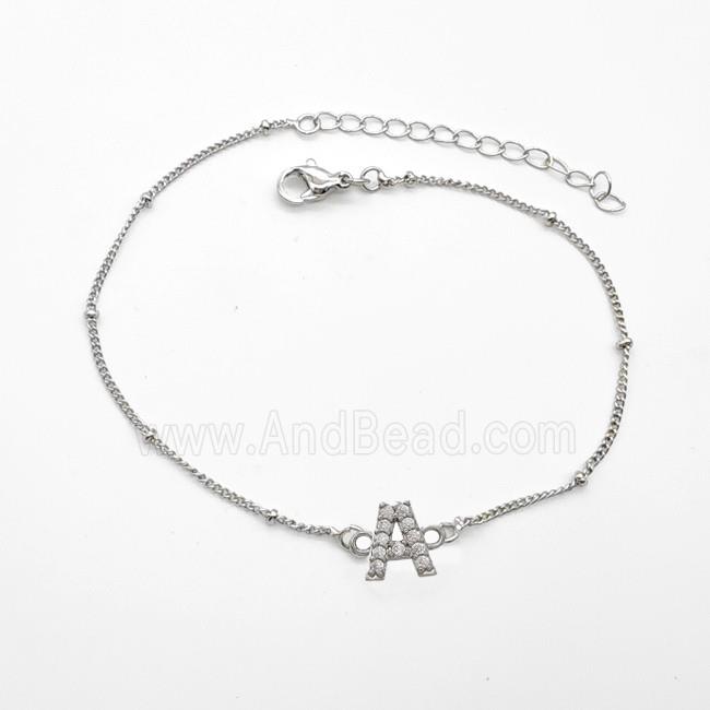 Copper Bracelet With Letter-A Pave Zirconia Platinum Plated