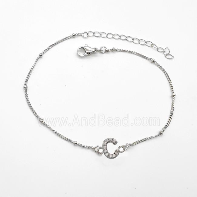 Copper Bracelet With Letter-C Pave Zirconia Platinum Plated