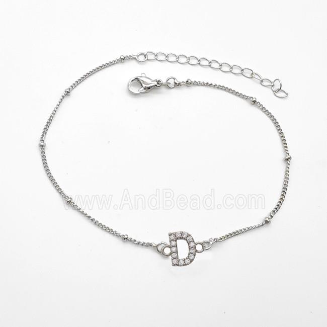 Copper Bracelet With Letter-D Pave Zirconia Platinum Plated