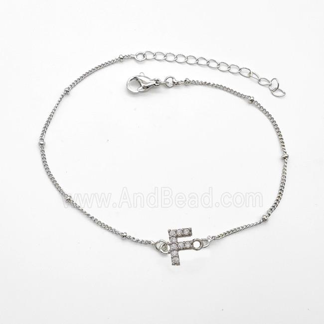 Copper Bracelet With Letter-F Pave Zirconia Platinum Plated