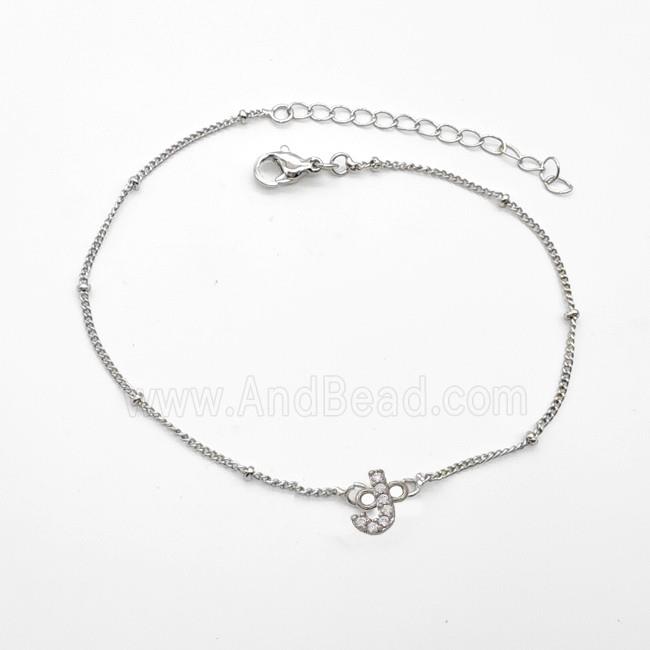 Copper Bracelet With Letter-J Pave Zirconia Platinum Plated