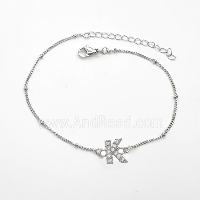 Copper Bracelet With Letter-K Pave Zirconia Platinum Plated