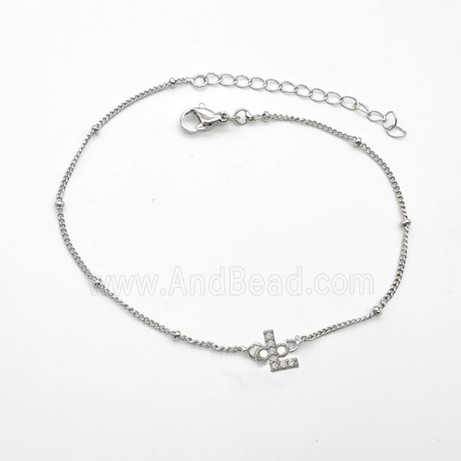 Copper Bracelet With Letter-L Pave Zirconia Platinum Plated