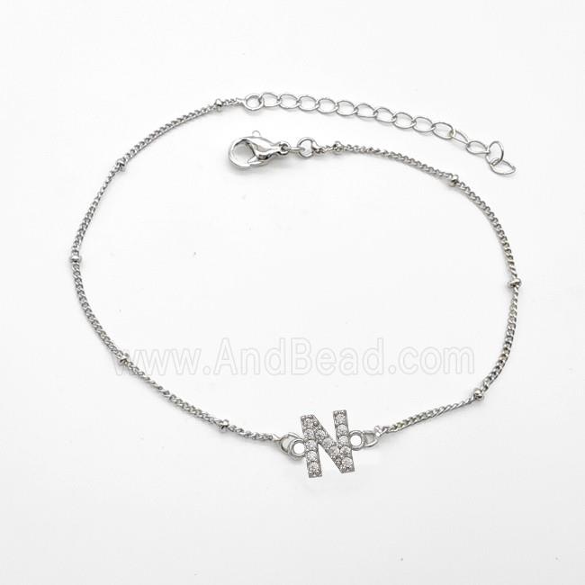 Copper Bracelet With Letter-N Pave Zirconia Platinum Plated