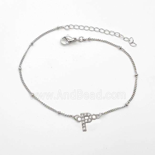 Copper Bracelet With Letter-P Pave Zirconia Platinum Plated