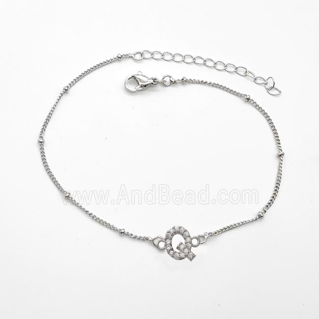 Copper Bracelet With Letter-Q Pave Zirconia Platinum Plated