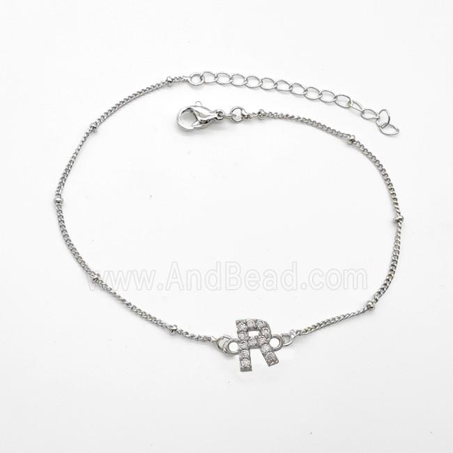 Copper Bracelet With Letter-R Pave Zirconia Platinum Plated