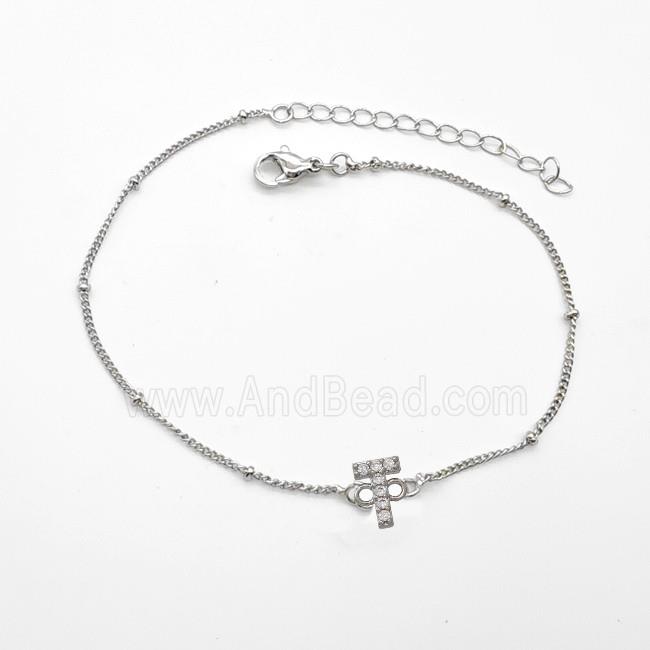 Copper Bracelet With Letter-T Pave Zirconia Platinum Plated