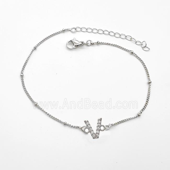 Copper Bracelet With Letter-V Pave Zirconia Platinum Plated