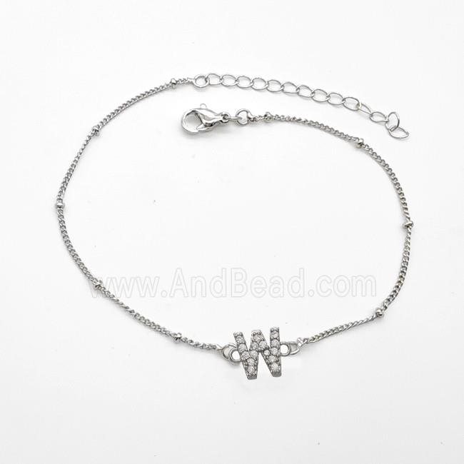 Copper Bracelet With Letter-W Pave Zirconia Platinum Plated