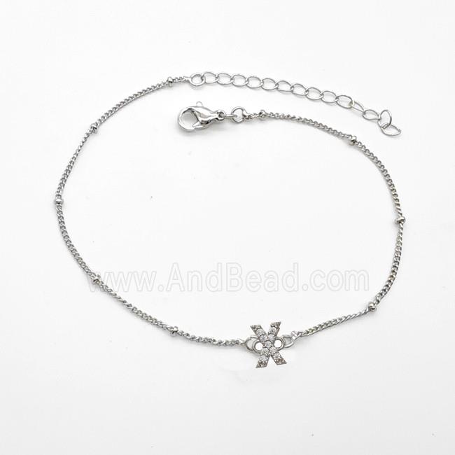 Copper Bracelet With Letter-X Pave Zirconia Platinum Plated