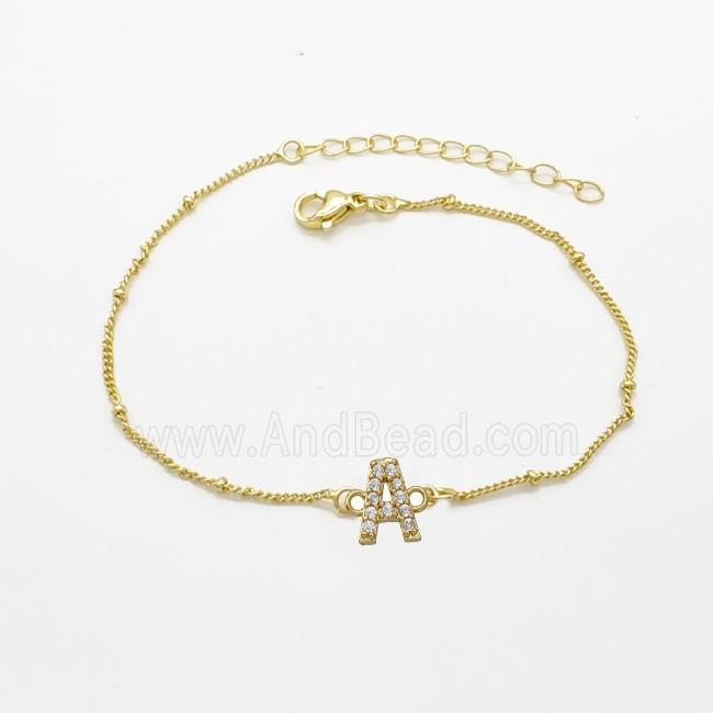Copper Bracelet With Letter-A Pave Zirconia Gold Plated