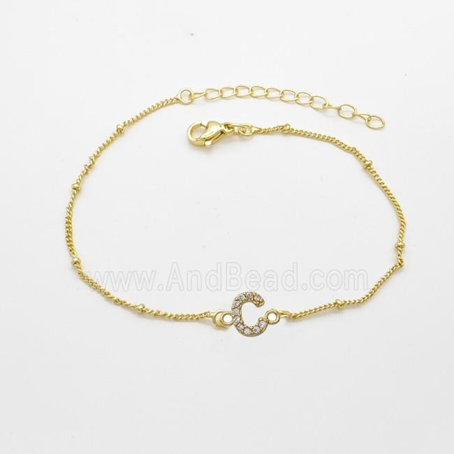 Copper Bracelet With Letter-C Pave Zirconia Gold Plated