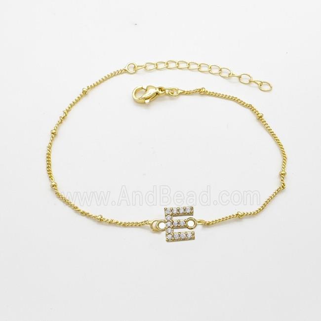 Copper Bracelet With Letter-E Pave Zirconia Gold Plated