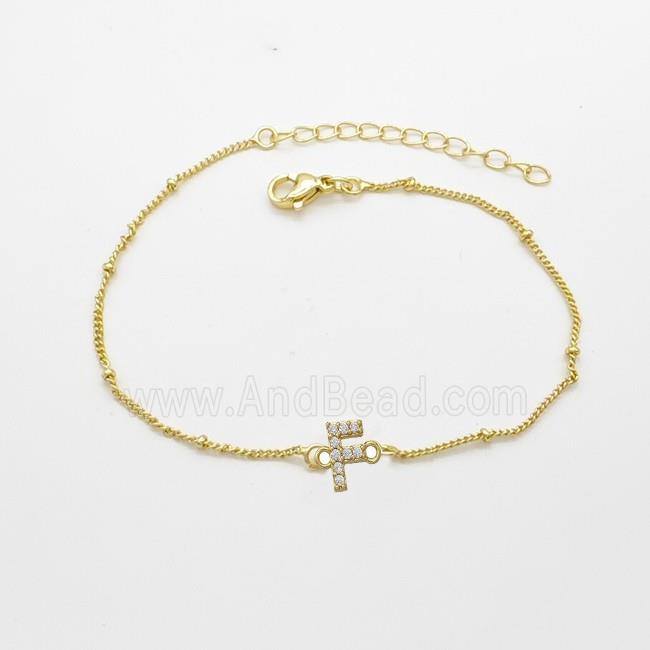 Copper Bracelet With Letter-F Pave Zirconia Gold Plated