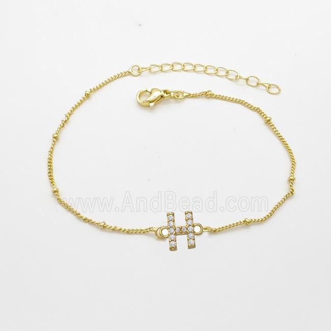 Copper Bracelet With Letter-H Pave Zirconia Gold Plated