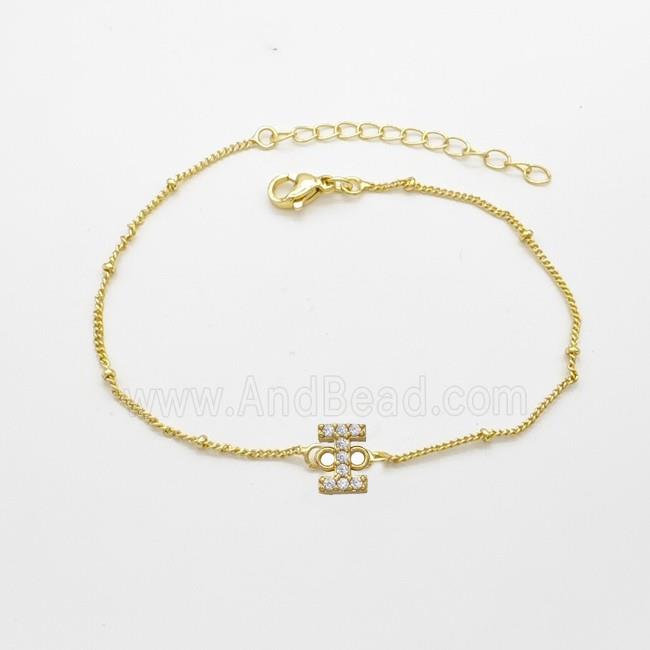 Copper Bracelet With Letter-I Pave Zirconia Gold Plated