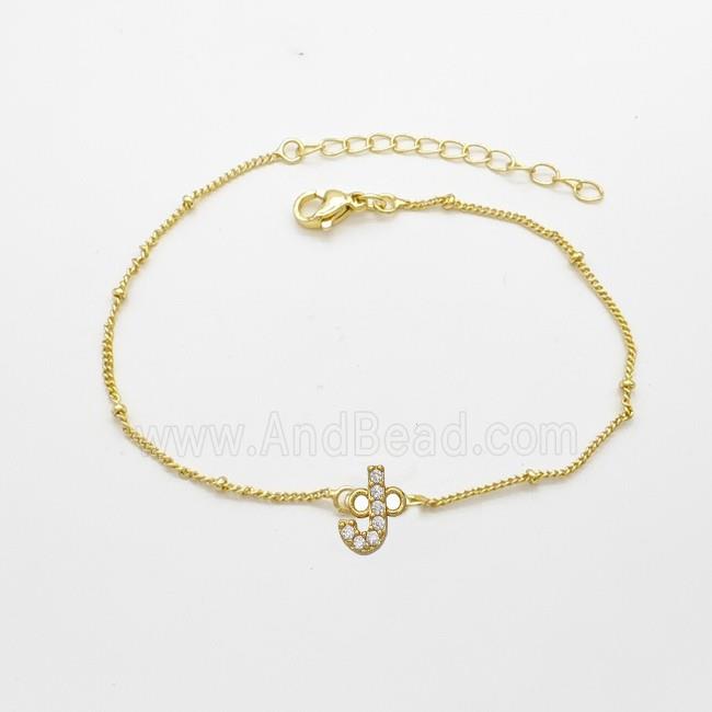 Copper Bracelet With Letter-J Pave Zirconia Gold Plated